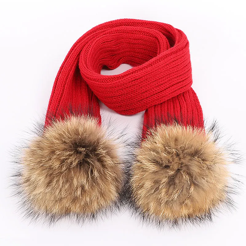 Шапка с помпонами из натурального меха енота, шарф, 2 предмета, унисекс, теплая и удобная плотная Лыжная Шапочка - Цвет: Red