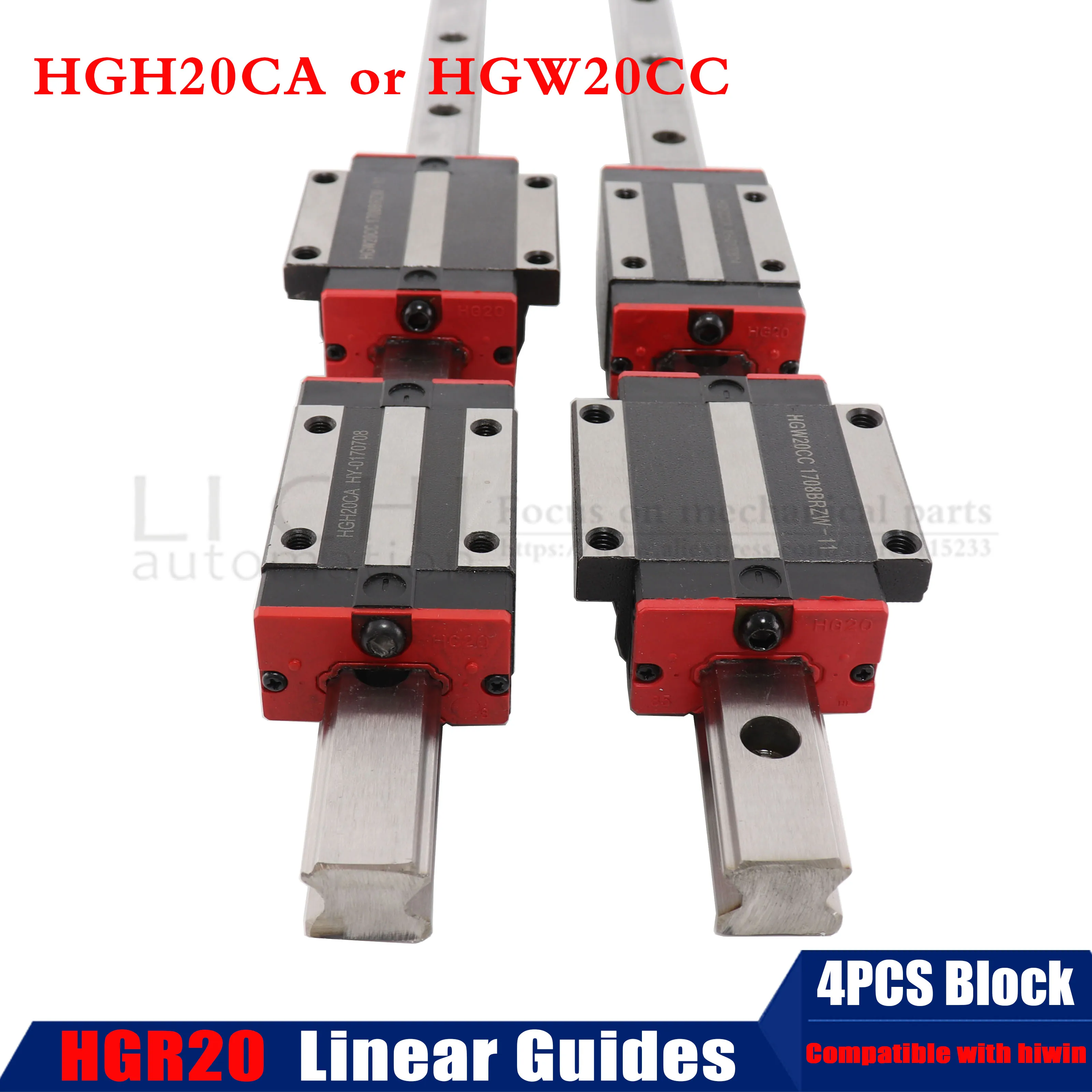 2pc HGR20 HGH20 Square Linear Guide Rail ANY LENGTH+4pc Slide Block Carriages HGH20CA/HGW20CC CNC Router Engraving