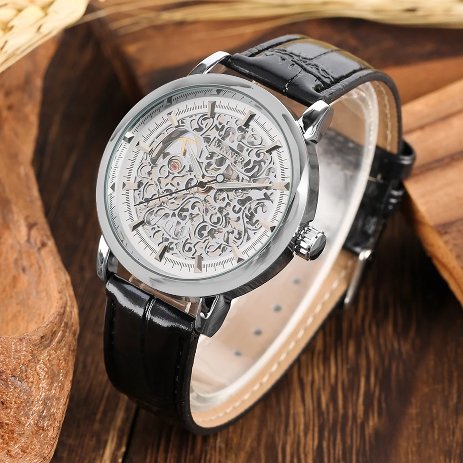 WINNER Watch Men Silver Skeleton Mechanical Hand-Winding Men's Watch Classic Leather Strap Business Male Gear Watch Montre Homme 2019 2020 2021 2022 (6)