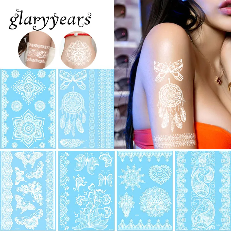 

glaryyears 13 Designs 1 Sheet White WHLC Temporary Tattoo Sticker Flower Lace Jewelry Decal for Women Body Art Gift Wedding 2019
