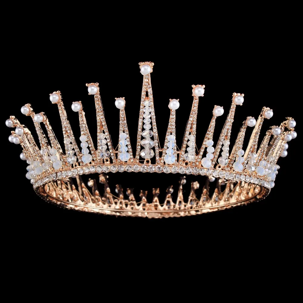 

New Baroque Golden Princess Crown Married AlloyJewelryHandmade Beaded Round Crown and Tiara