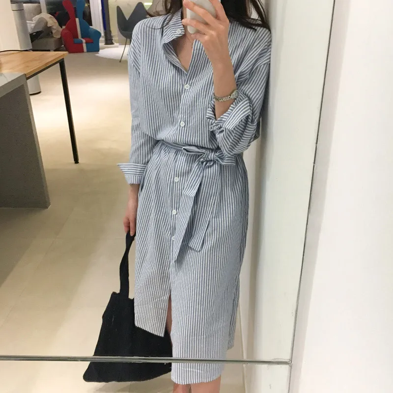 

Women's Striped Sashes Button Long Sleeve Korean Dress Streak O-neck Women Midi Dresses 2019 Autumn Casual Loose Female Vestidos