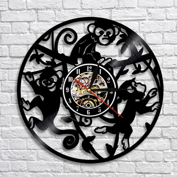 

Monkey Vinyl Record Clock With LED Backlight Monkey On Tree Wall Clock Funny Animal Nursery Wall Art Decor For Kids' Room