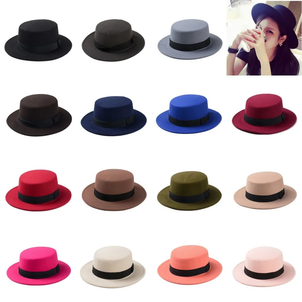 10 цветов Мужская женская шляпа-федора плоский купол Овальный верх котелок Porkpie Toca Sombrero шляпа с черной лентой 10