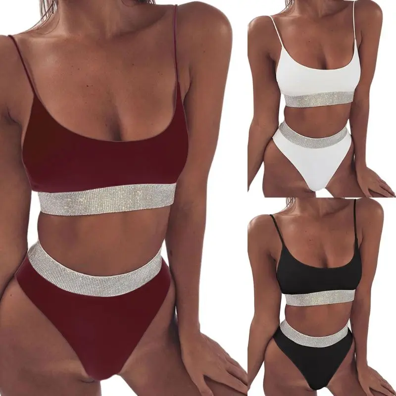 

Women Sexy Two-Piece Bikini Set Deep Scoop Neck Spaghetti Straps Bra Swimsuit Glitter Sequins Patchwork High Waist Thong Solid