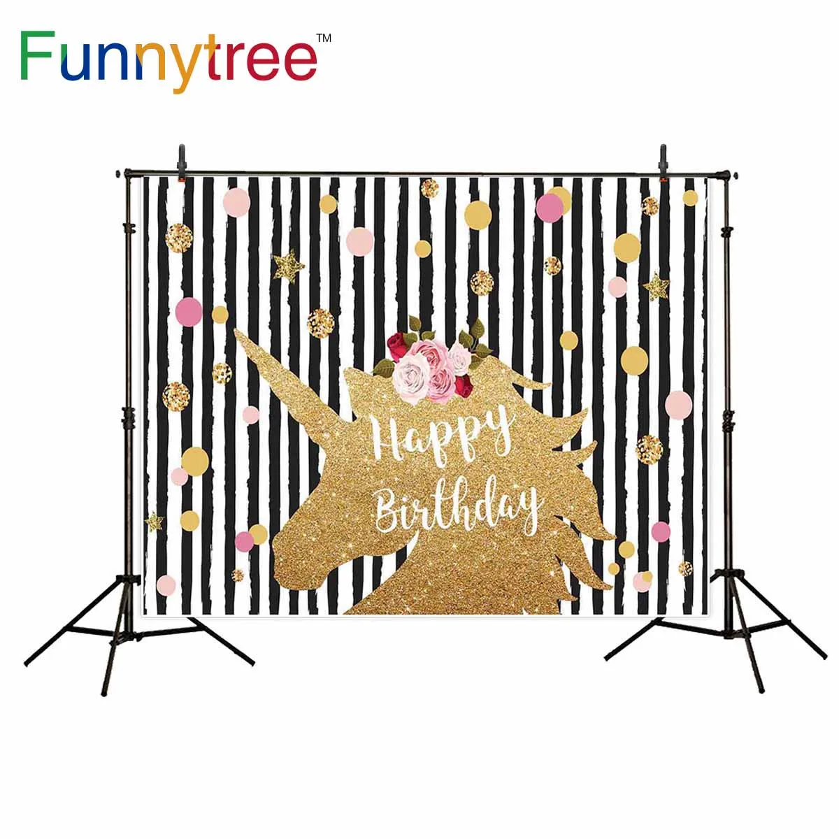

Funnytree background for photo studio unicorn stripes birthday flower dots golden stars kids photography backdrop photobooth