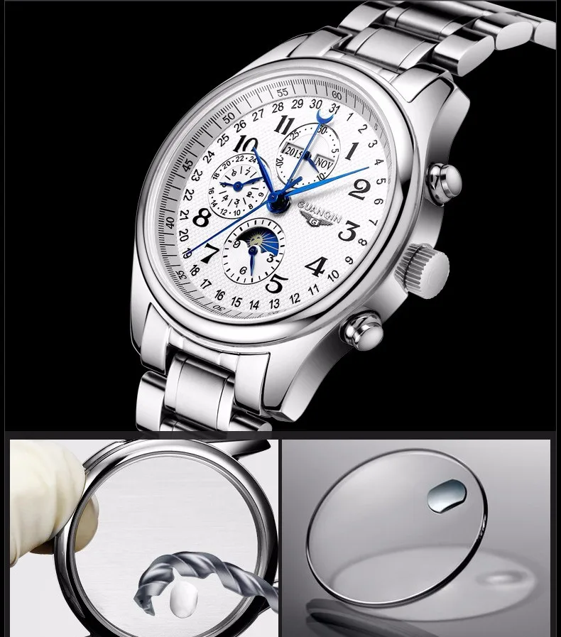 GUANQIN мужские полностью стальные автоматические механические часы, мужские роскошные модные повседневные спортивные часы с вечным календарем, водонепроницаемые наручные часы