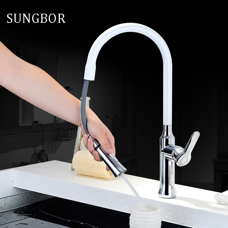 

High Quality chrome and white kitchen faucet sink faucet Swivel Deck Mounted Water Faucet,Mixer & Taps with pull out shower head