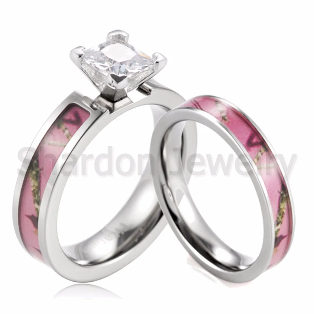 shardon pink tree camo ring set women titanium princess prong setting round cz engagement ring wedding band for women 2pcs - Camouflage Wedding Ring Sets shardon pink tree camo ring set women titanium princess prong setting round cz engagement ring wedding band for women 2pcs - Camouflage Wedding Ring Sets