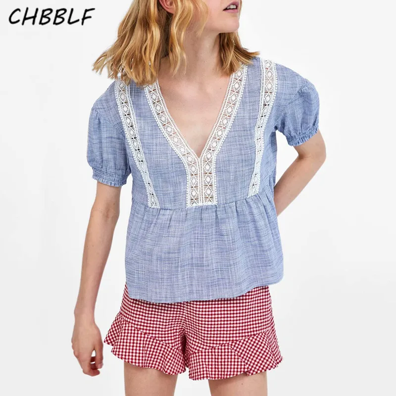 CHBBLF women blouse sweet ruffled patchwork see through