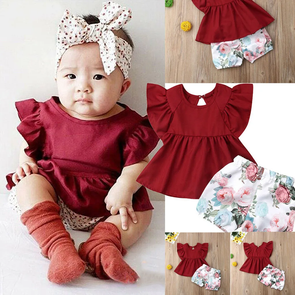 Новые летние модные для маленьких девочек с цветочным принтом Ruffled печати топы и шорты 2 шт Outfuits комплекты Z4 - Цвет: Красный