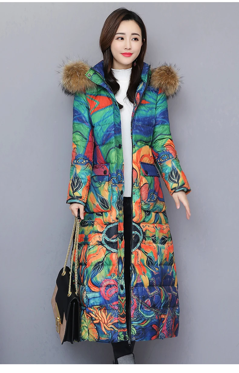 Большой размер, Зимний пуховик для женщин, цветочный длинный пуховик на утином пуху, Женская Толстая теплая одежда, пальто с капюшоном из натурального меха енота