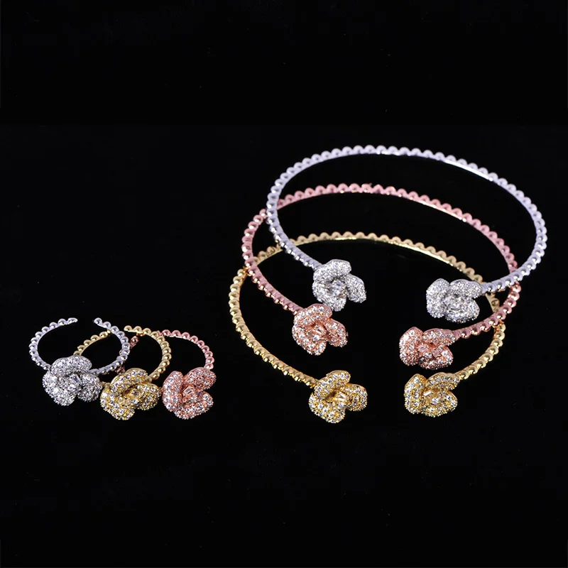 

Dazz New Luxury Floral Leaf AAA Cubic Zircon Copper Bangle Ring Set Women Bride Engagement Party Africa Wedding Accessories Gift