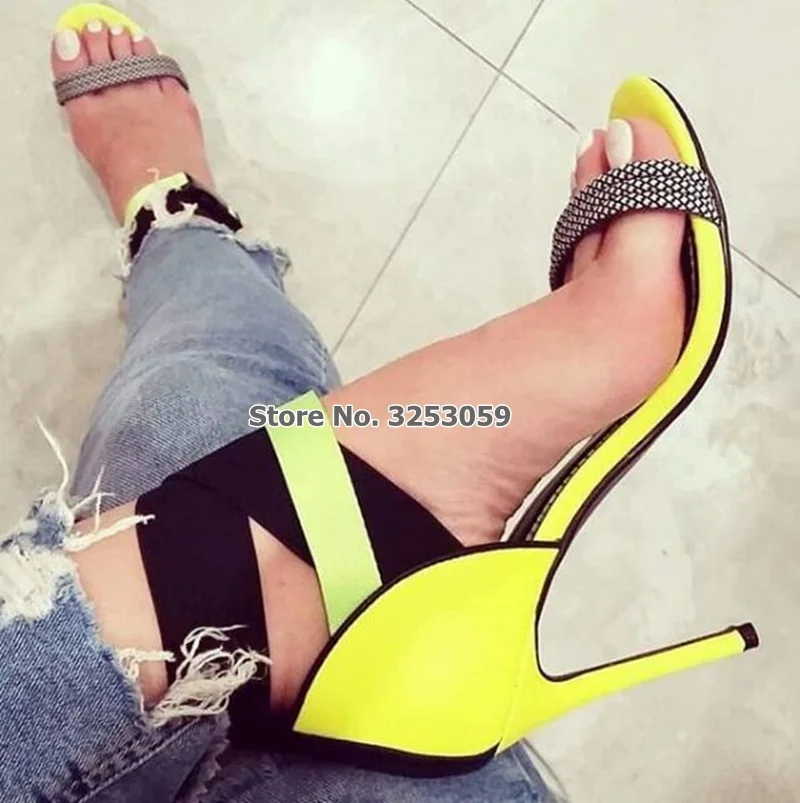 ALMUDENA/Босоножки на ремешке с пряжкой; Цвет лайм, неоновый, желтый, фуксия; модельные туфли на шпильке с эластичной лентой и пряжкой; разноцветная обувь в стиле пэчворк - Цвет: as picture