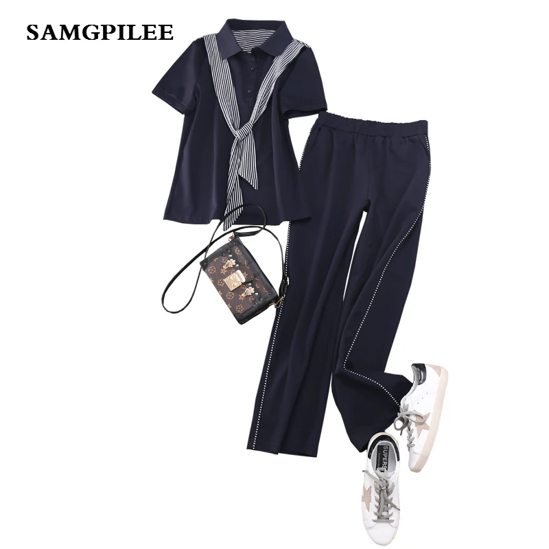 

2019 Hot Sale New Short Sleeve Casual Single Turn-down Collar Elastic Waist Striped Length Women Set L-4xl