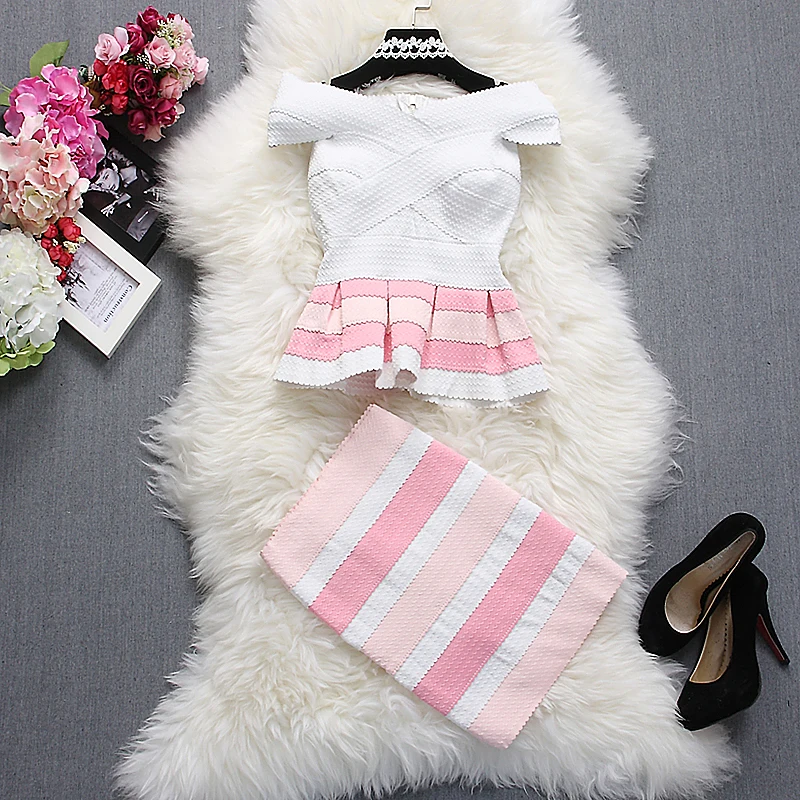 

Women Fashion Tops+Skirt Outfits Summer Slash Neck Short Sleeve Striped Ruffles Dress Top and Skirts Sets