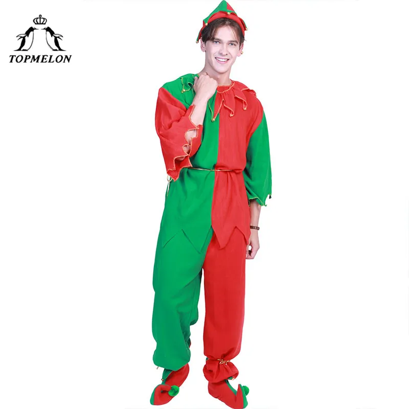 TOPMELON/мужской эльфийский костюм, топы, штаны, комплект из двух предметов с шапкой, весь комплект для эльфа, косплей, Рождество, праздник