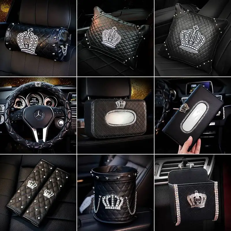 

Anti Slip PU Leather Car Gear Shift Knob Cover Safety Belt Cover Handbrake Cover Crystal Rhinestone Bling Diamond Crown Key Case