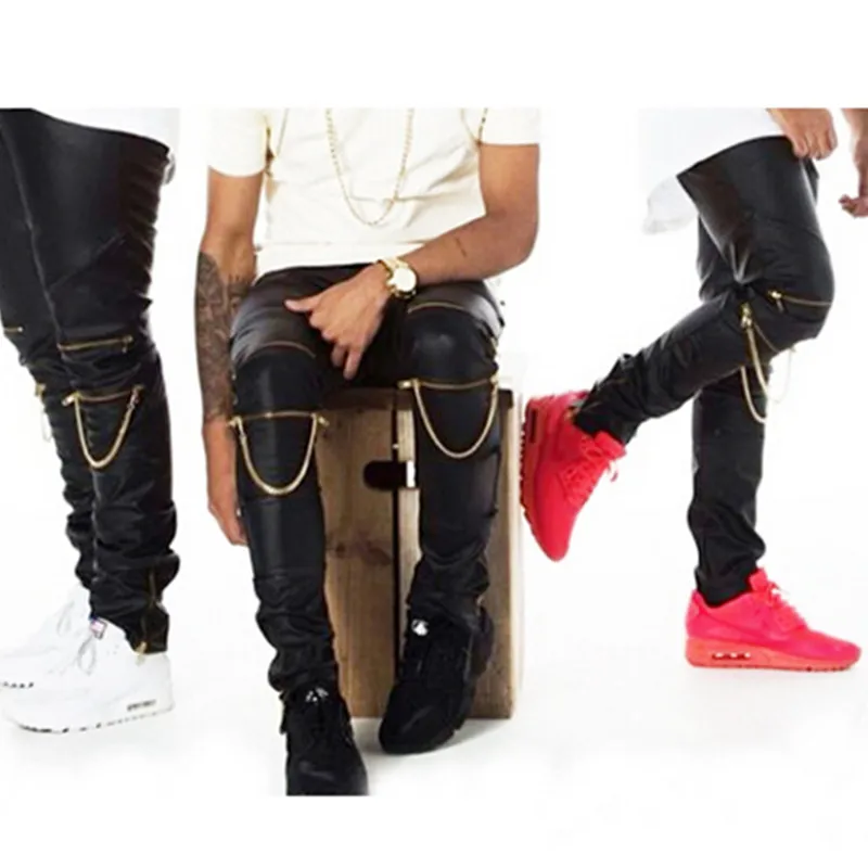 Высокая Количество PU Искусственная кожа Для мужчин узкие известный Для мужчин одежда Slim Fit в стиле «хип-хоп» в стиле хип-хоп, штаны на молнии Swag велосипедист бегун длинные брюки для девочек - Цвет: Черный