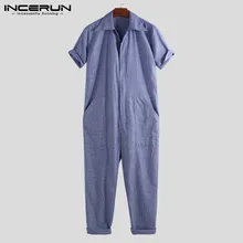 INCERUN Men Lapel Neck New Fashion Slim Loose Jeans Set Retro Hip Hop Solid Color Tooling Casual Men Cargo Overalls Joggers