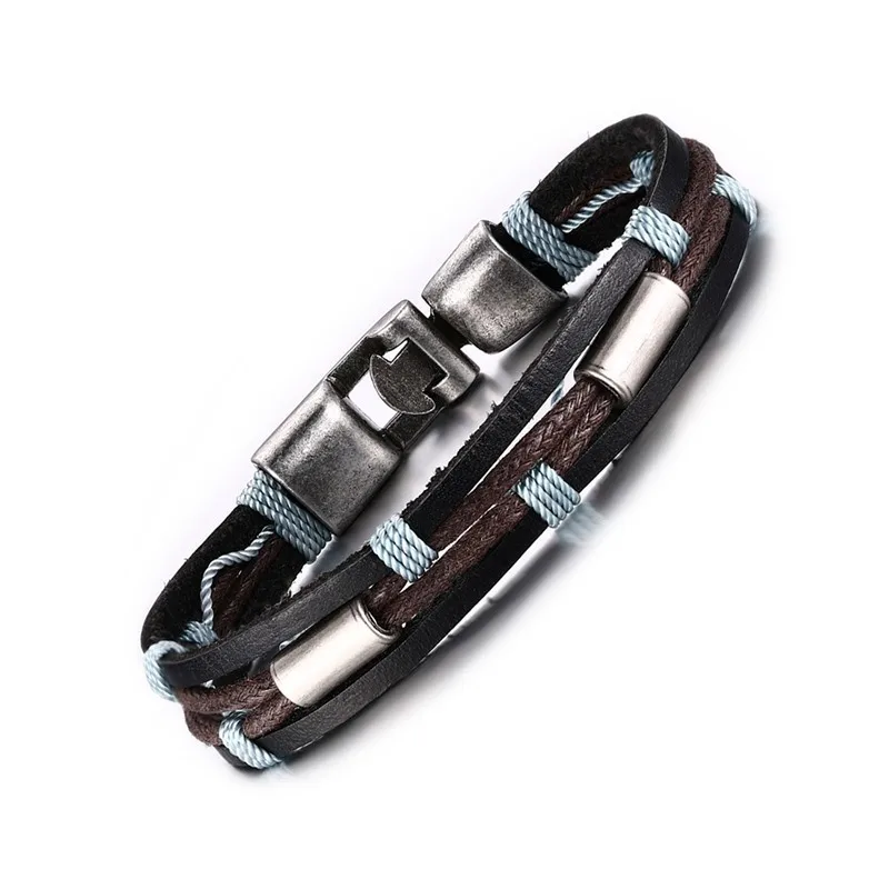 

Vintage Leather Bracelets in Brown Woven Blue Wax Rope Retro Winding Multilayer Wristband Gift Bracelet for Men Jewelry 8.6 inch