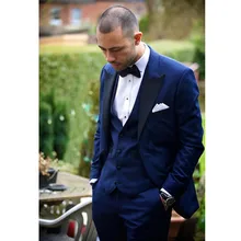 Custom made costume homme One Button Blue Groom Tuxedos Groomsmen Men Wedding Suits Prom Bridegroom suit (Jacket+Pants+Vest