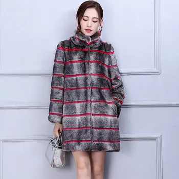 

Women Stripe Stand Collar Plush Fur Coat