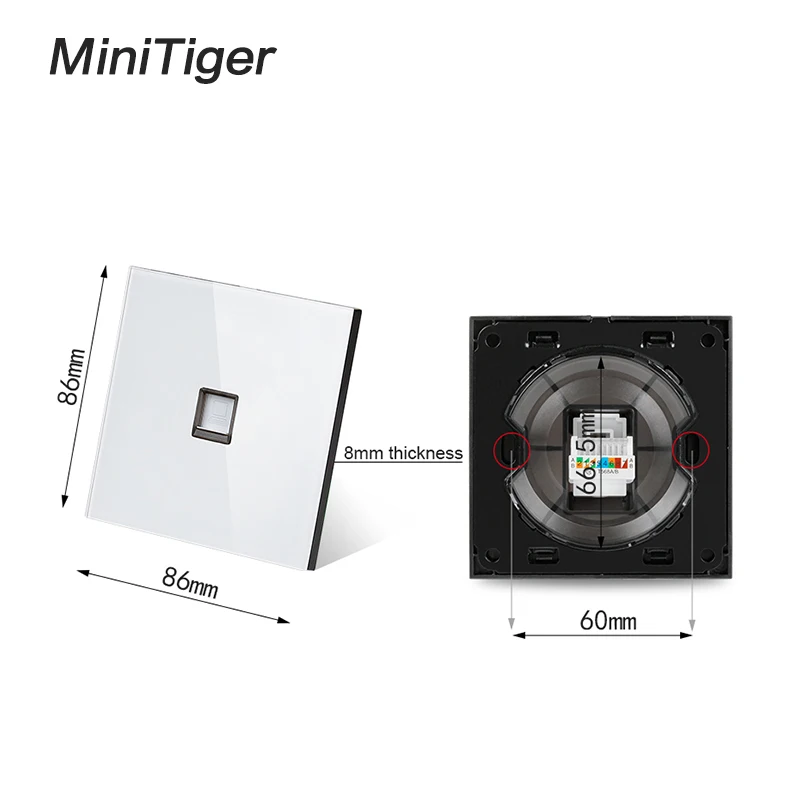 Белая Роскошная прозрачная панель Minitiger из закаленного стекла RJ45 Интернет разъем