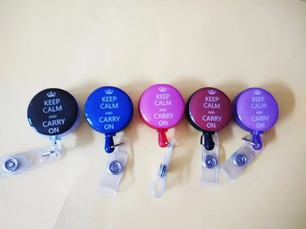 

Keep Calm and Carry On Pink (Blue Purple) Retractable Reel Badge ID Card Holder Clip