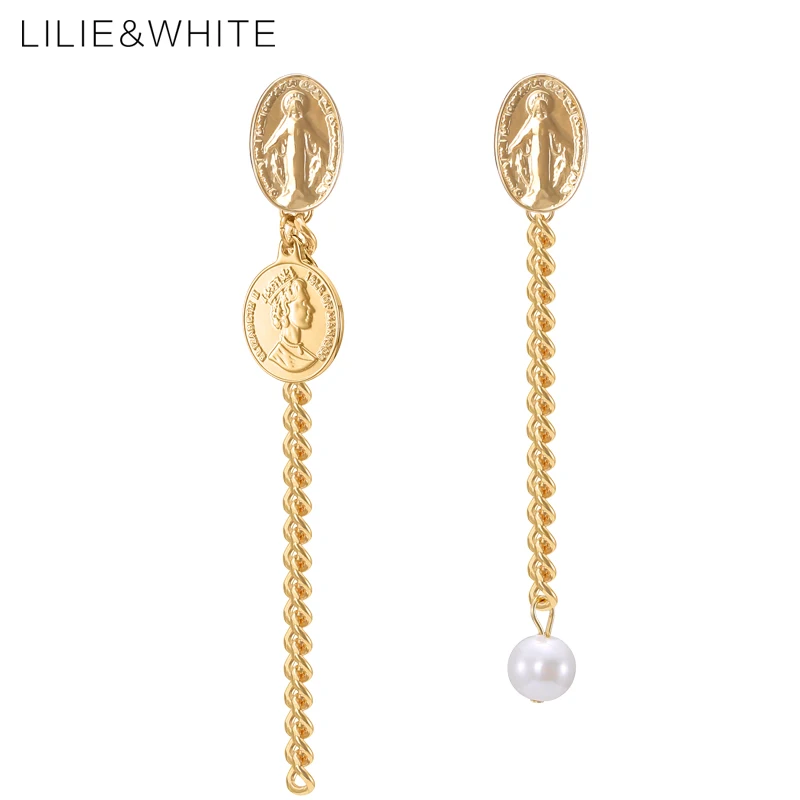 LILIE&ampWHITE Fashion Coins Long Drop Asymmetrical Earrings 2018 Gold Color Chain Imitation Pearls Women Jewelry HC | Украшения и
