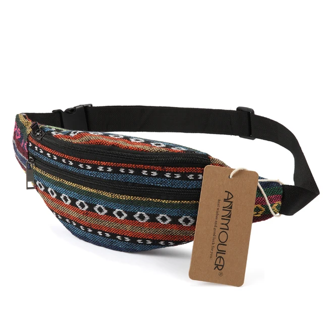 Annmouler New Women Fanny Pack 8 Colors Fabric Waist Packs Bohemian Style Waist Bag 2 Pocket Waist Belt Bag Travel Phone Pouch 3