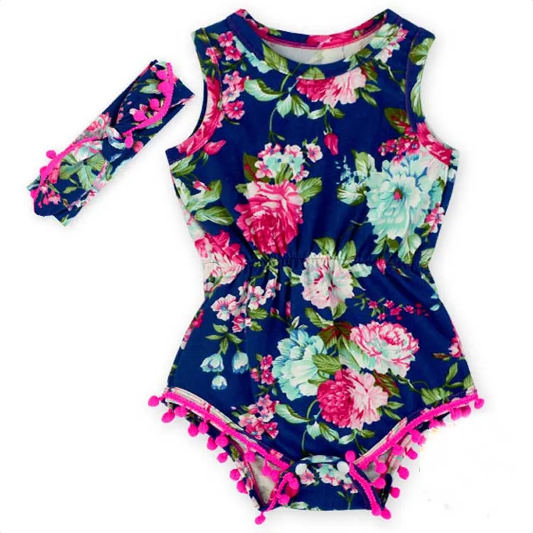 2016 Sweet Toddler Kids Floral font b Rompers b font with Headbands Tassels Cute Soft Summer
