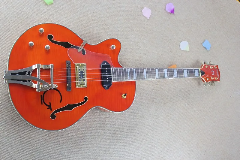 Free Shipping maple TOP Left handed Gretsch Falcon 6120 guitar with Bigsby Tremolo orange Electric Guitar Gold Hardware  15-9