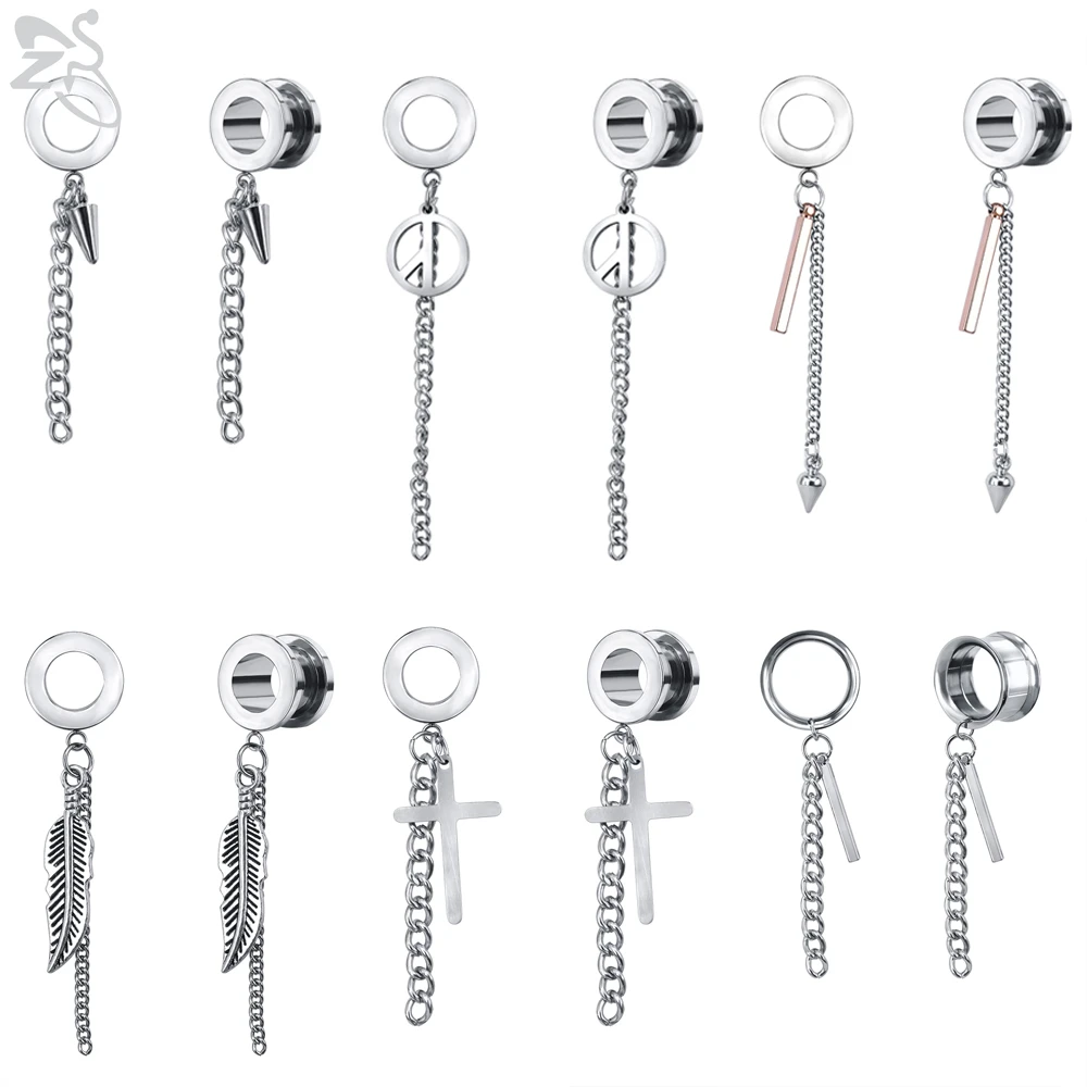 

ZS Stainless Steel Ear Plugs and Tunnels Dangle Flesh Tunnels Body Piercing Jewelry Cross Ear Expander Screw Ear Gauges 5-22MM