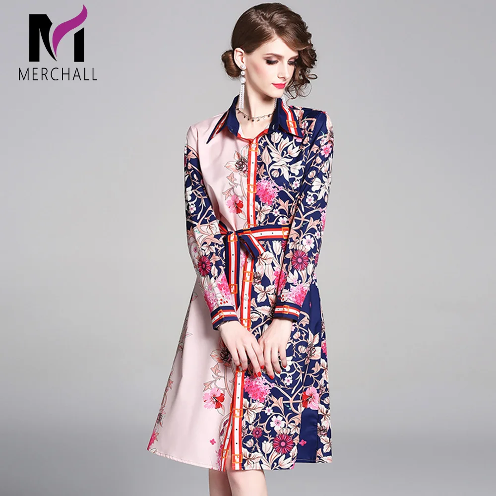 

Merchall Runway Designer Party Dress Women's Shirt Collar High Waist Floral Print Slim Midi Vintage Dress Vestido Female D7200