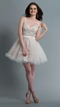 Sleeveless Champagne Tulle Wulstige Spitze Günstige Kurze Cocktailkleider