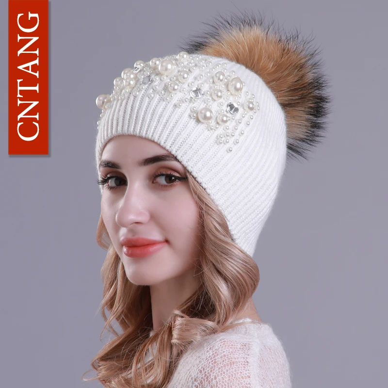 

CNTANG Fashion Big Pearl Beanies Autumn Winter Wool Hats For Women Real Raccoon Fur Pompom Caps Ladies Knitted Warm Female Hat