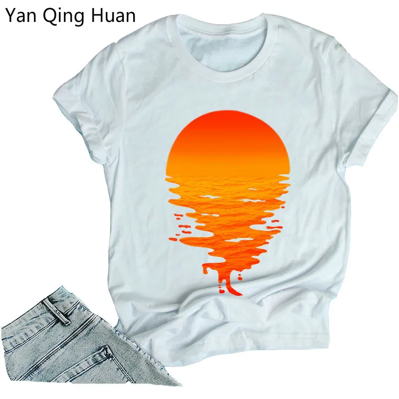 

Yan Qing Huan 2019 Summer New Sunset Graffiti Pattern Tees Round Neck Cotton Tops Large Size S-5xl Short Sleeve Women's T-shirt