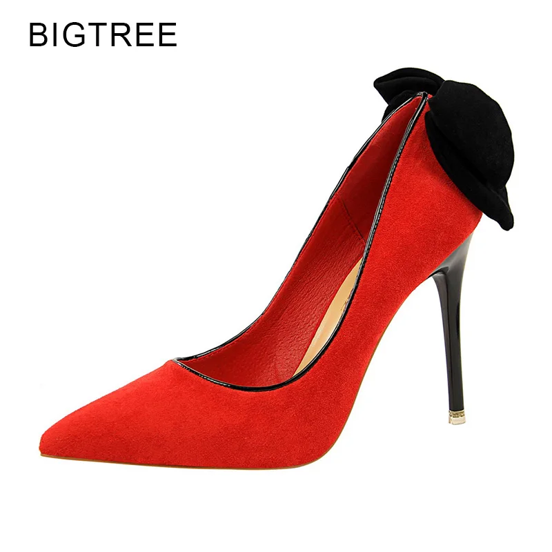 

BigTree 2018 Spring Autumn Shoes Woman Black Bow Knot High Heels Thin Heels Pointed Sexy Party Woman Pumps Pink Red Female Shoes