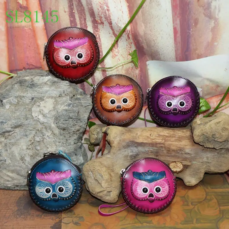 

cartoon animal owl wallet handmade genuine leather coin purse bag cowhide mini wallet bag round wallet cute gift