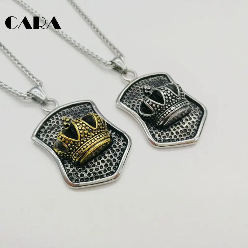 

CARA New Vintage Well polished stainless steel necklace men tridimensional Crown shield pendant necklace jewelry gift CAGF0292