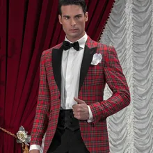 Приталенный Блейзер сделанный на заказ, на заказ, горячая распродажа, Красный шотландский мужской костюм, строгий, Свадебные смокинги для мужчин(пиджак+ брюки+ галстук