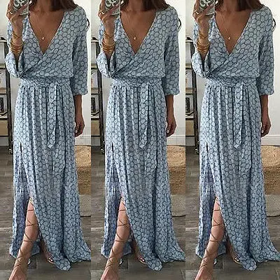 

Boho floral print split long dress Women beach summer v neck kimono sexy dress Eleagnt sash wrap maxi dresses S-2XL