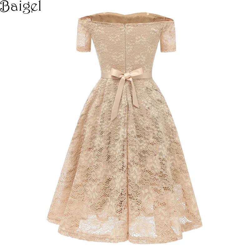 Women Short Sleeve Floral Lace Sexy Dress Off the Shoulder Wedding Party Dress Bridesmaid Robes Rockabilly Vintage Dress  (6)