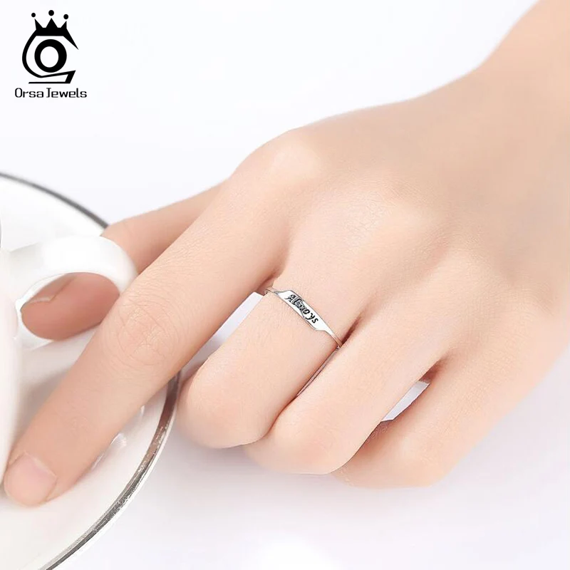 ORSA JEWELS Genuine 925 Sterling Silver Finger Ring Women Adjustable Heart Shape Letter Silver Color Female Party Jewelry PSR63