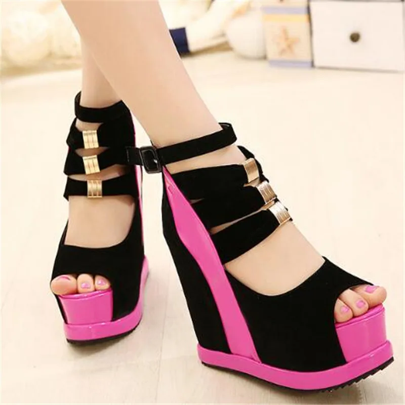 

Summer Women Ankle Strap Sandals Flock Up Wedges 14.5CM Color matching High Heels Sandals Women Shoes Sexy Pumps