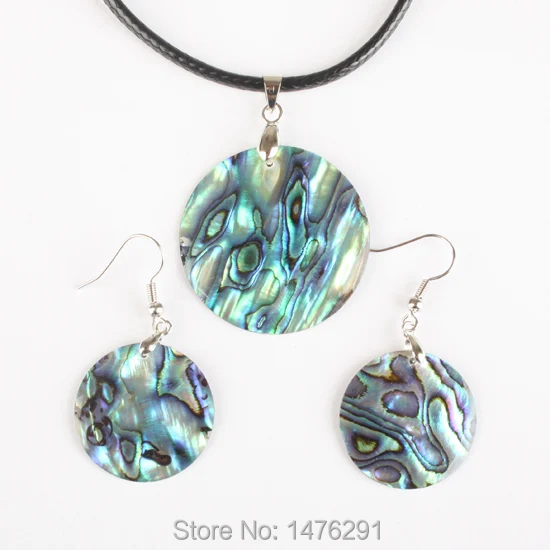 

New Natural Abalone Shell Round Blue Thin Beads Pendant Necklac & Earring 1 Set