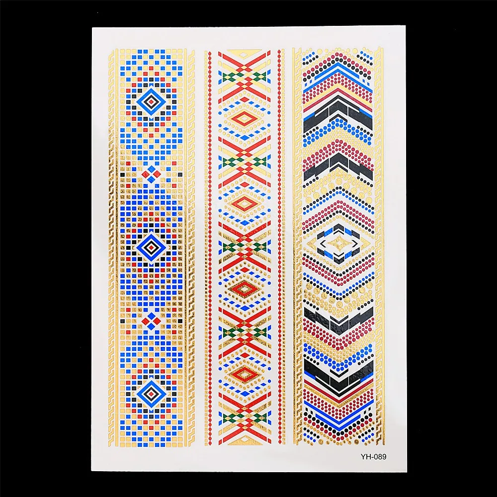 1pc Flash Metallic Tattoo Gold Waterproof YH-089 Fashion Designs Flower Ethnic Religious Strap Temporary Bracelet Tattoo Sticker