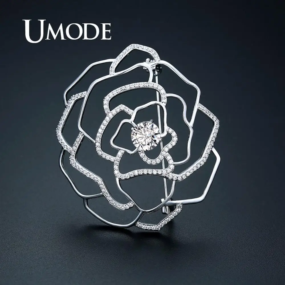 

UMODE White Gold Flower Brooches Vintage Suit Pins Crystal Cubic Zirconia Brooches Women Luxury Jewelry Accessories UX0017B
