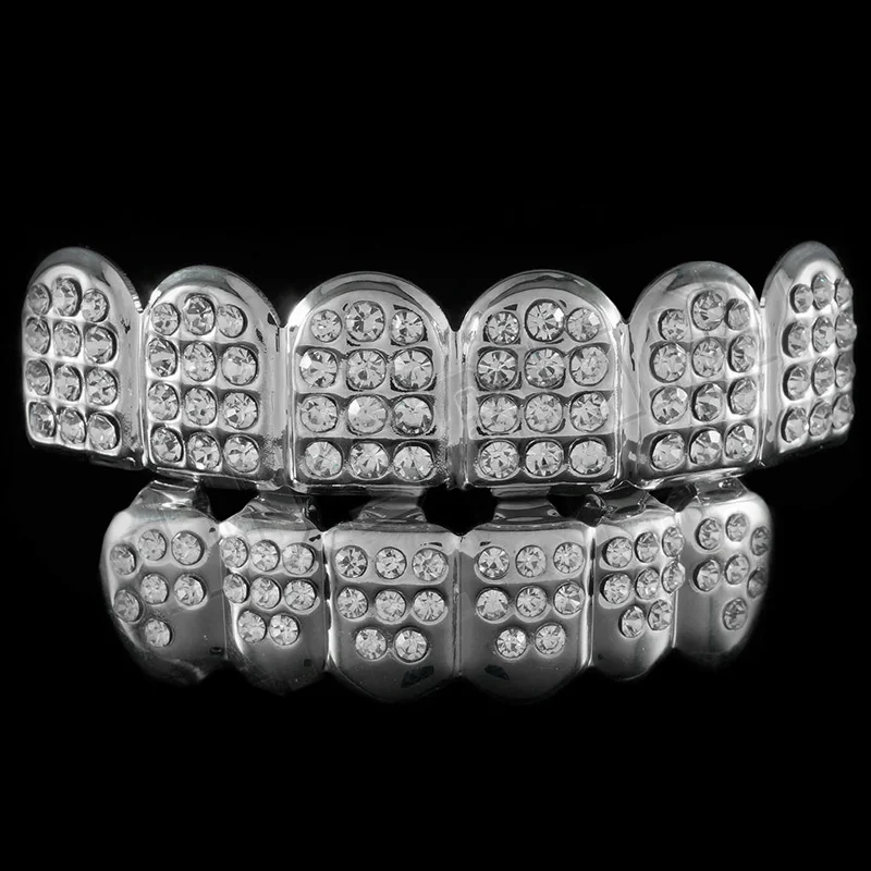 Psivika Gold Plated Shiny Hip Hop Teeth Grillz Caps Iced Out Cz Top And Bottom Vampire Fangs Grillz For Men And Women Silver